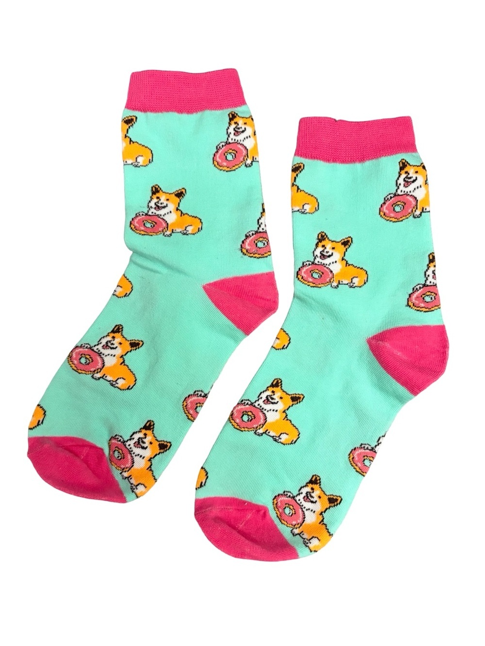 Corgi Donut Print Novelty Crew Socks Aqua Pink Women’s One Size